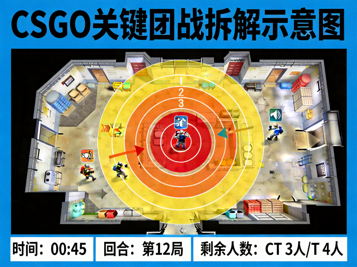 CSGO 关键团战拆解示意图 - 同心圆标记交战热区