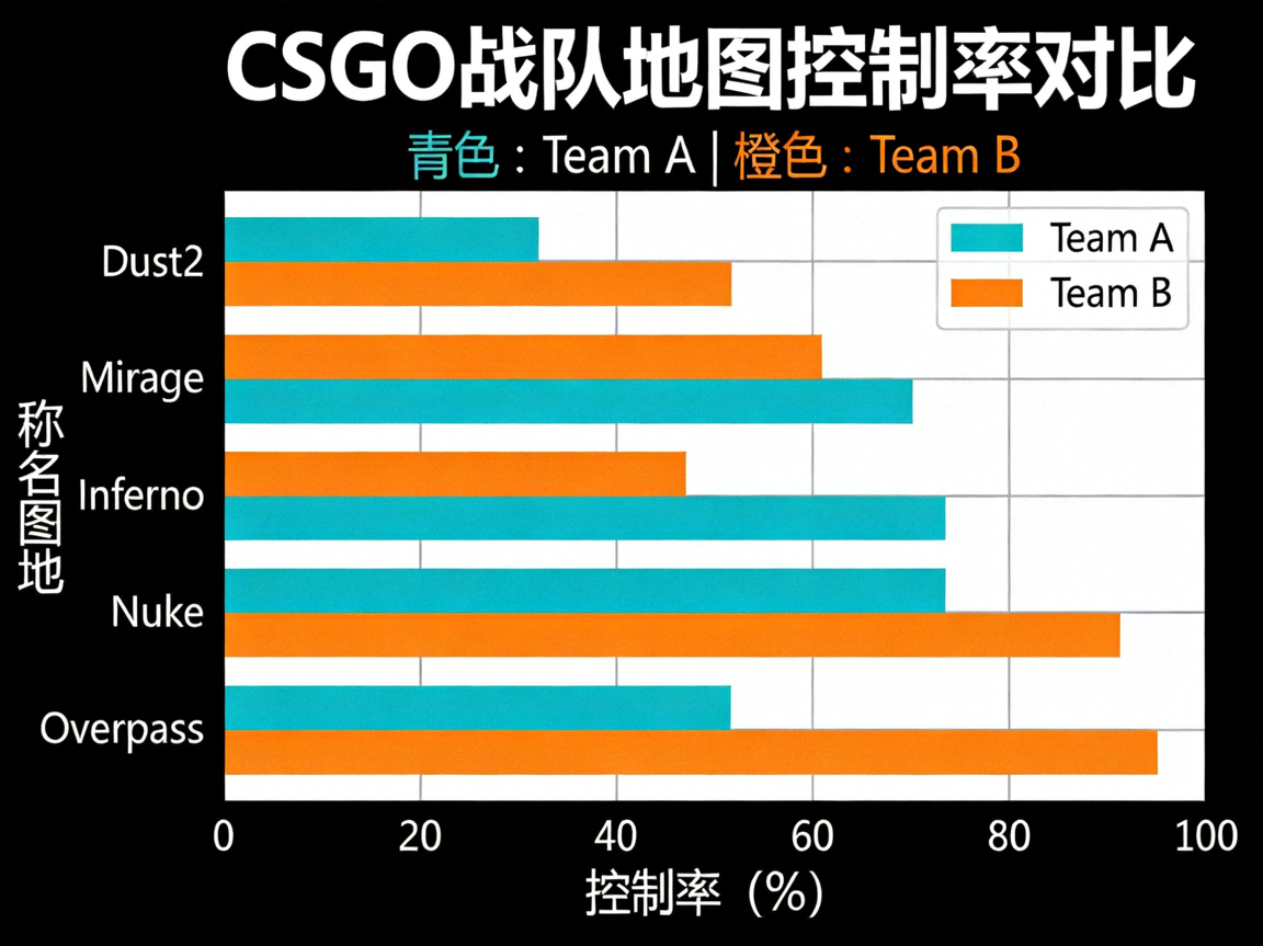 CSGO 战队地图控制率数据柱状图 - 青色与橙色柱体对比